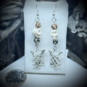Genuine Gemstones - Earrings - Lucifer Sigil - Bone & Morganite Skulls