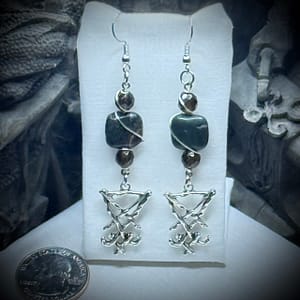 Genuine Gemstones - Earrings - Lucifer Sigil - Smokey Quartz & Green Moss Agate