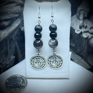 Genuine Gemstones - Earrings - Lilith Sigil - Black Moonstone, Black Tourmaline & Black obsidian