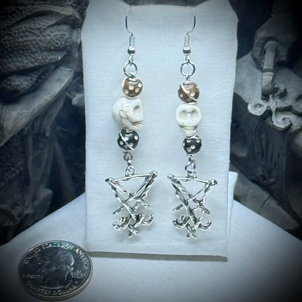 Genuine Gemstones - Earrings - Lucifer Sigil - Bone & Morganite Skulls