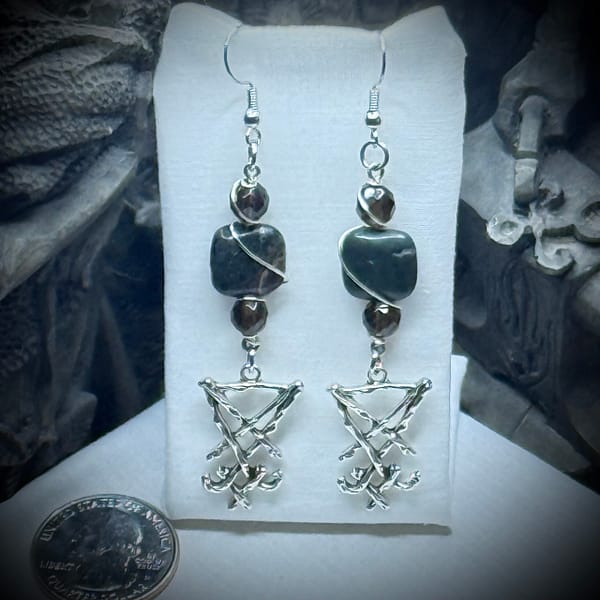 Genuine Gemstones - Earrings - Lucifer Sigil - Smokey Quartz & Green Moss Agate