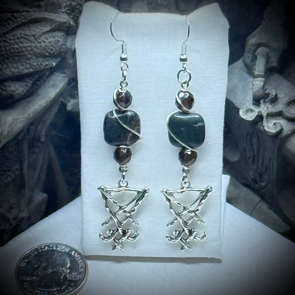 Genuine Gemstones - Earrings - Lucifer Sigil - Smokey Quartz & Green Moss Agate